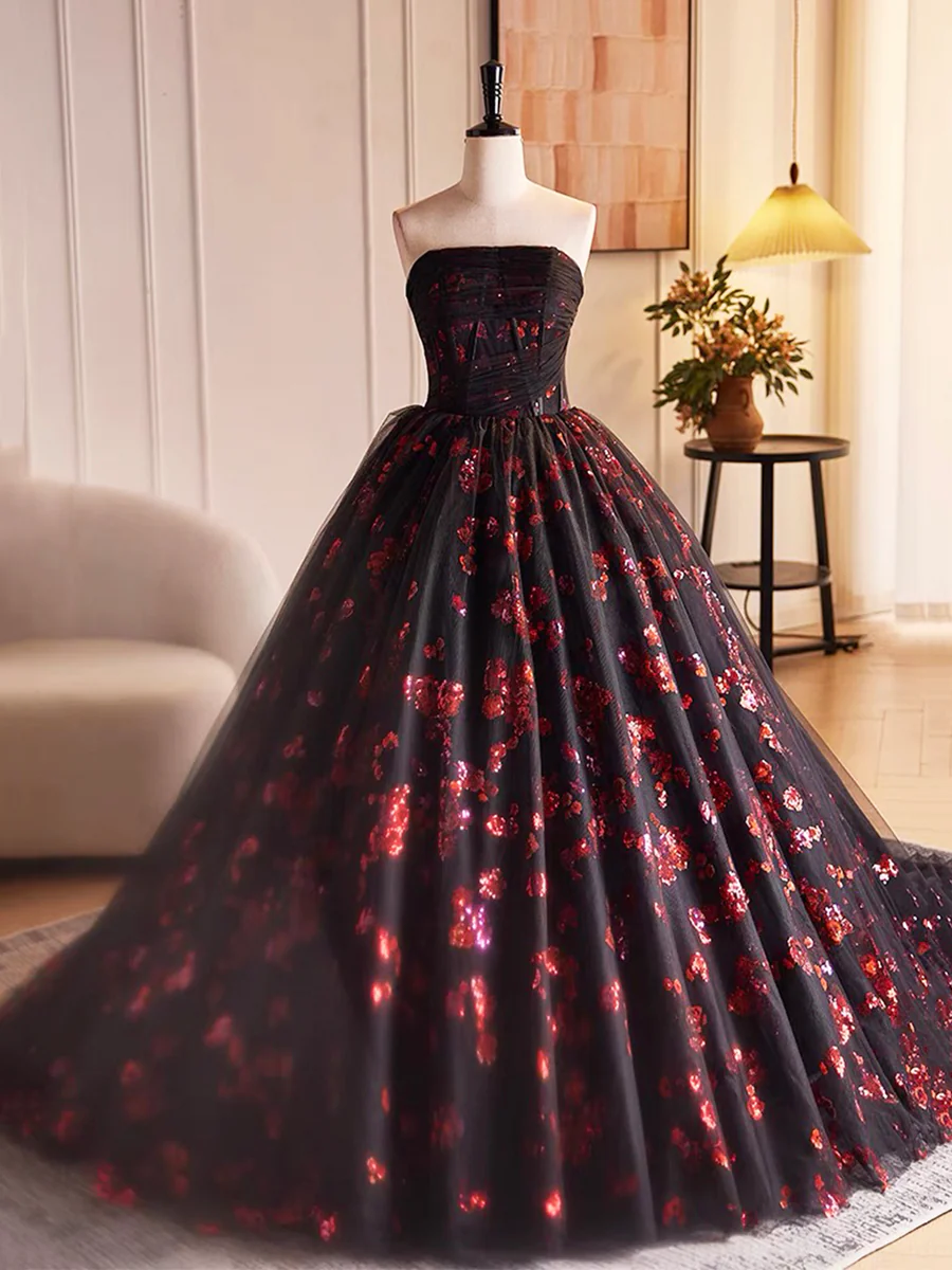 Black Tulle And Red Sequins Long Pom Dress, Beautiful A-line Strapless Formal Evening Dress