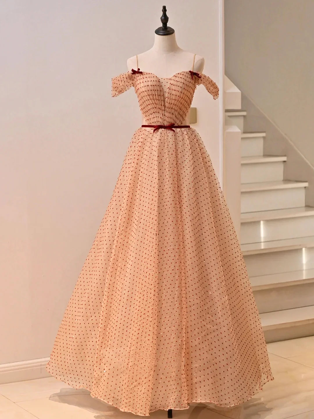 Cute Tulle Floor Length Prom Dress, Off The Shoulder Evening Party Dress