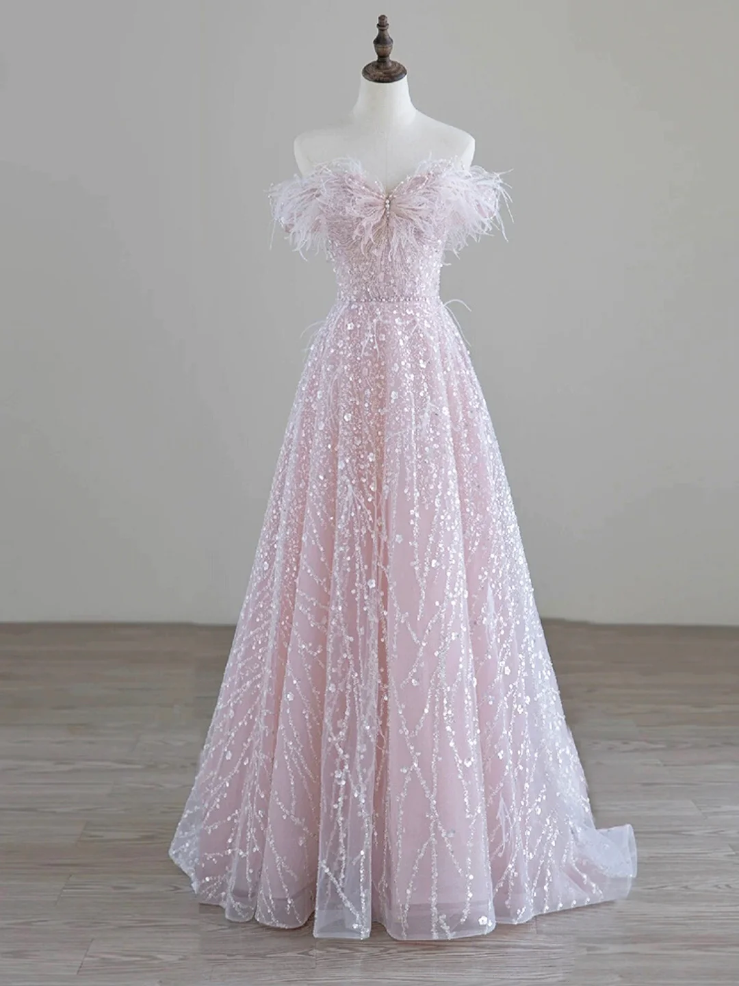 Sparkling Tulle Sequin Long Prom Dress, Off The Shoulder Pink Evening Party Dress