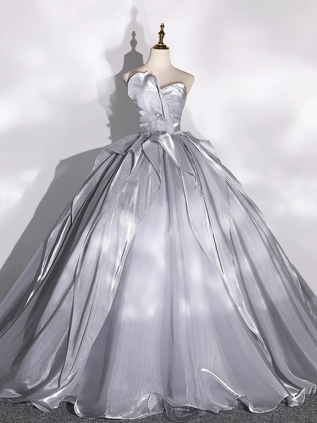 Gray Strapless Tulle Long Ball Gown, A-line Evening Dress Formal Dress