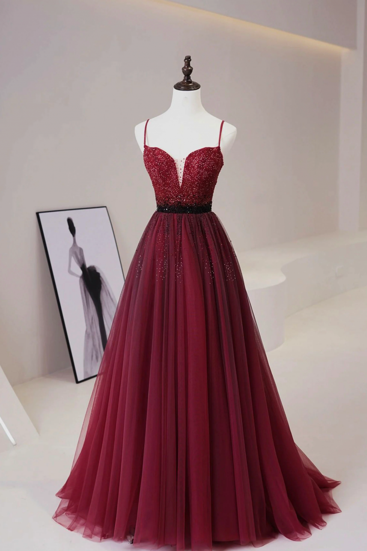 Burgundy Tulle Beaded Long Prom Dress, A-line Spaghetti Strap Evening Dress