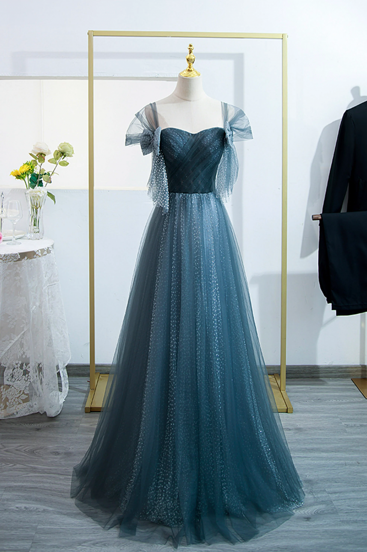 Blue Tulle Long A-line Prom Dress, Lovely Blue Evening Party Dress