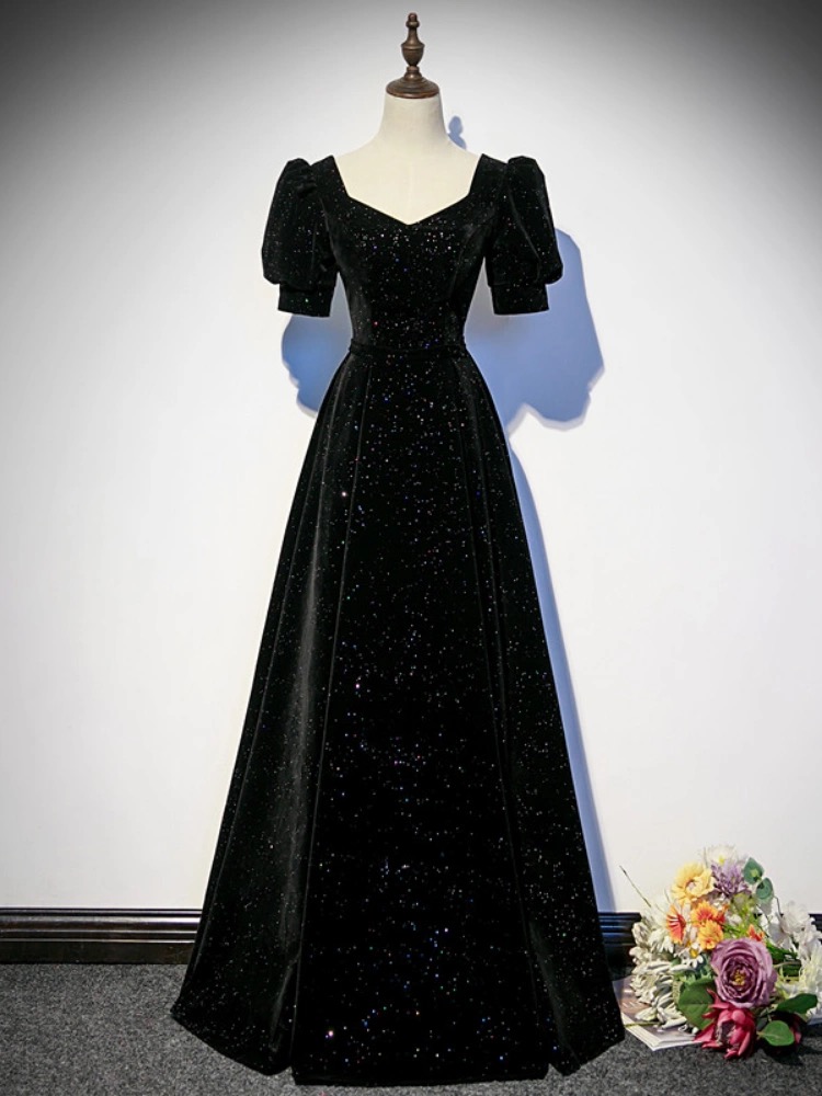Black/red Graduation Evening Gown, Elegant Velvet Prom Gown, V-neck Formal Evening Gown