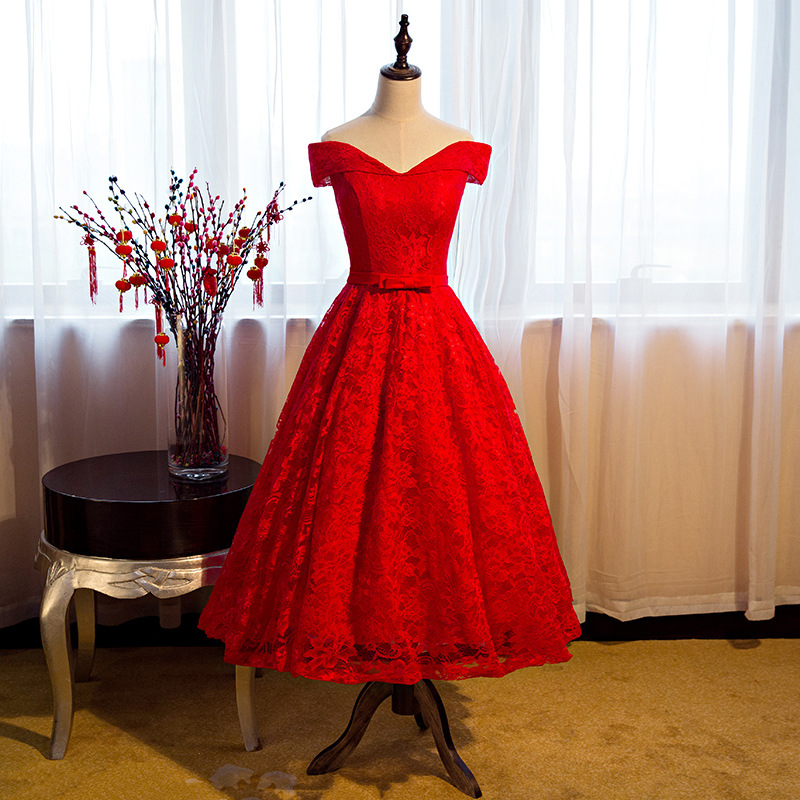 Tea Length Lace Red A Line Formal Dresses, Featuring Off The Shoulder Homecoming Dress