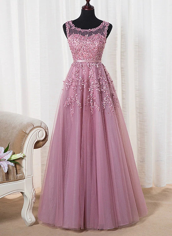 Beautiful Pink Tulle Round Neckline Long Party Dress, A-line Floor Length Prom Dress