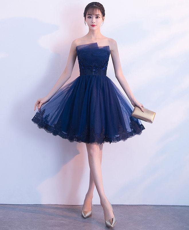 Cute Dark Blue Tulle Lace Short Prom Dress,strapless Homecoming Dress