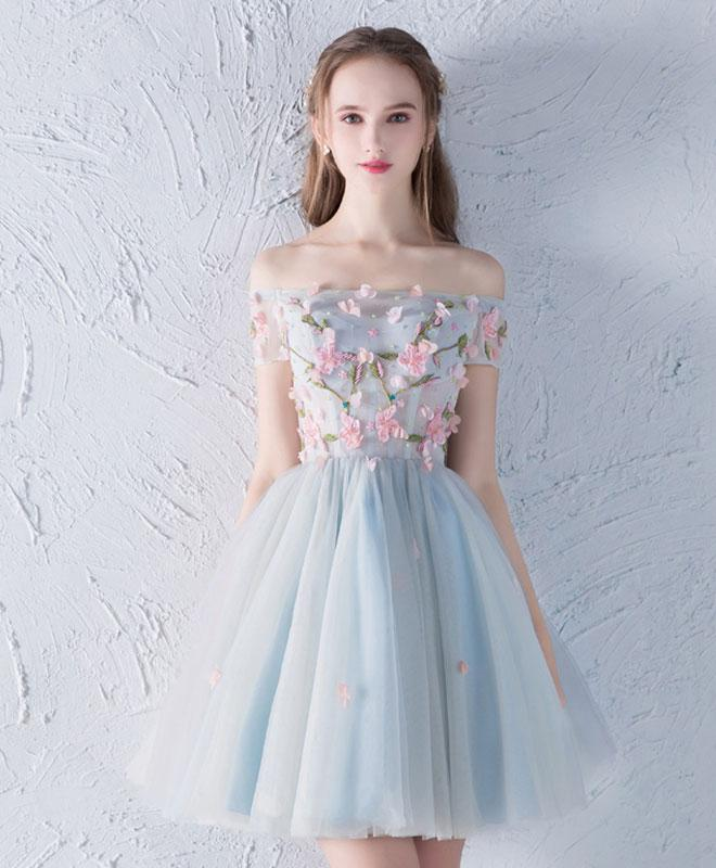 Gray Blue Tulle Lace Applique Short Prom Dress,homecoming Dress