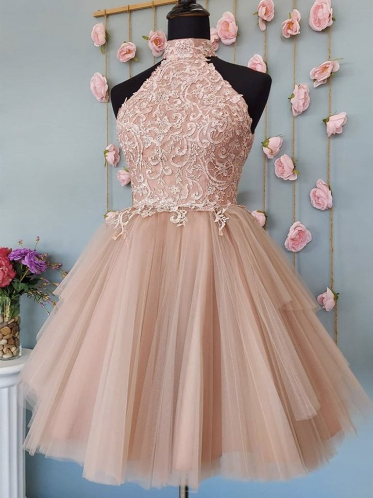 Halter Neck Open Back Champagne Lace Short Prom Dresses,champagne Lace Formal Graduation Homecoming Dresses