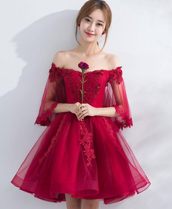 Burgundy Off Shoulder Tulle Lace Short Prom Dress,burgundy Homecoming Dress