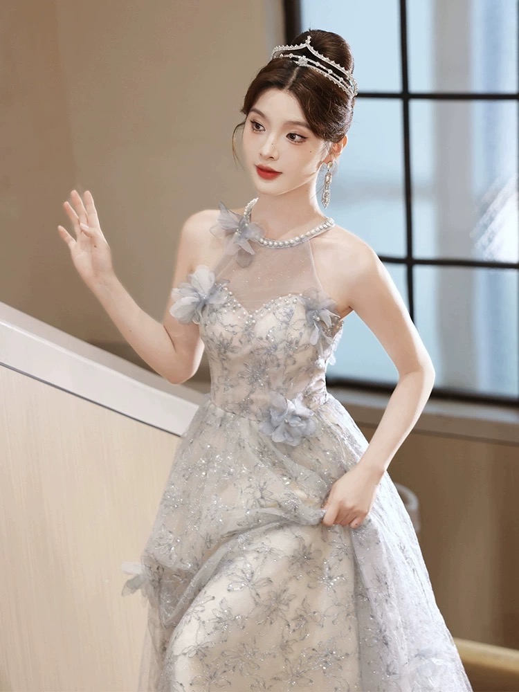 Halter Neck Flora Long Prom Dresses Birthday Dress Evening Dress