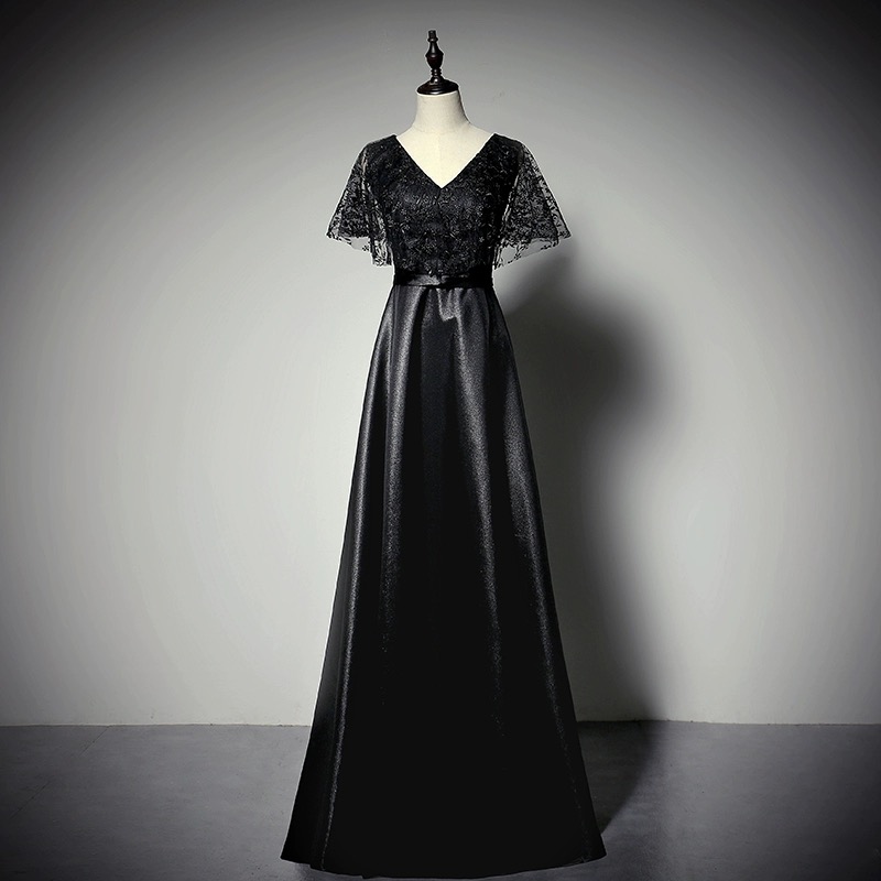 Elegant Party Evening Dress, Black Formal Dress,v-neck Wedding Guest Dress