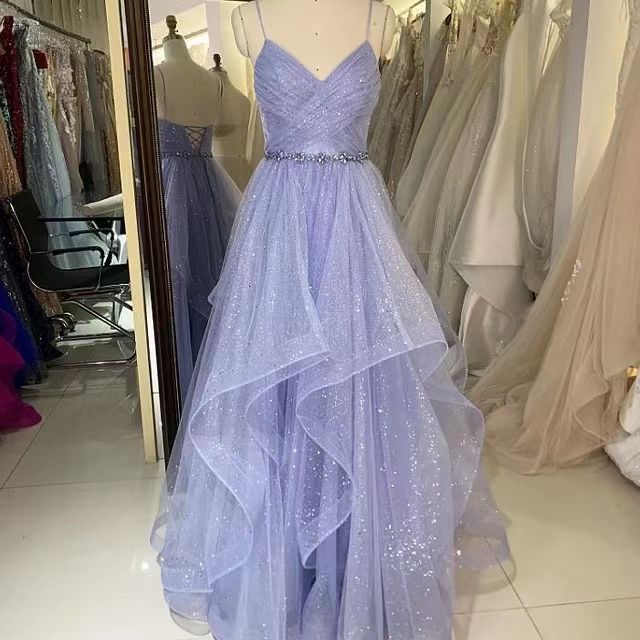 Spaghetti Strap Tulle Long Prom Dresses, Shiny Backless Evening Dresses,sexy Party Dress
