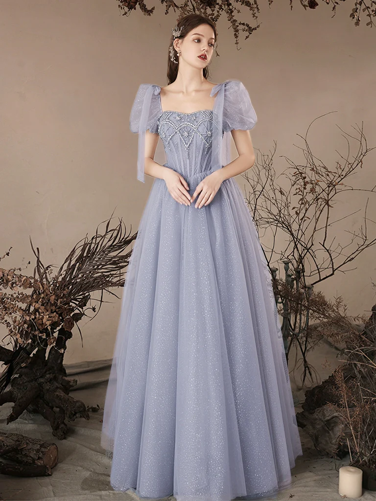 Ball Gown One Shoulder Tulle Blue Long Prom Dress, Blue Long Evening Dress main image 0