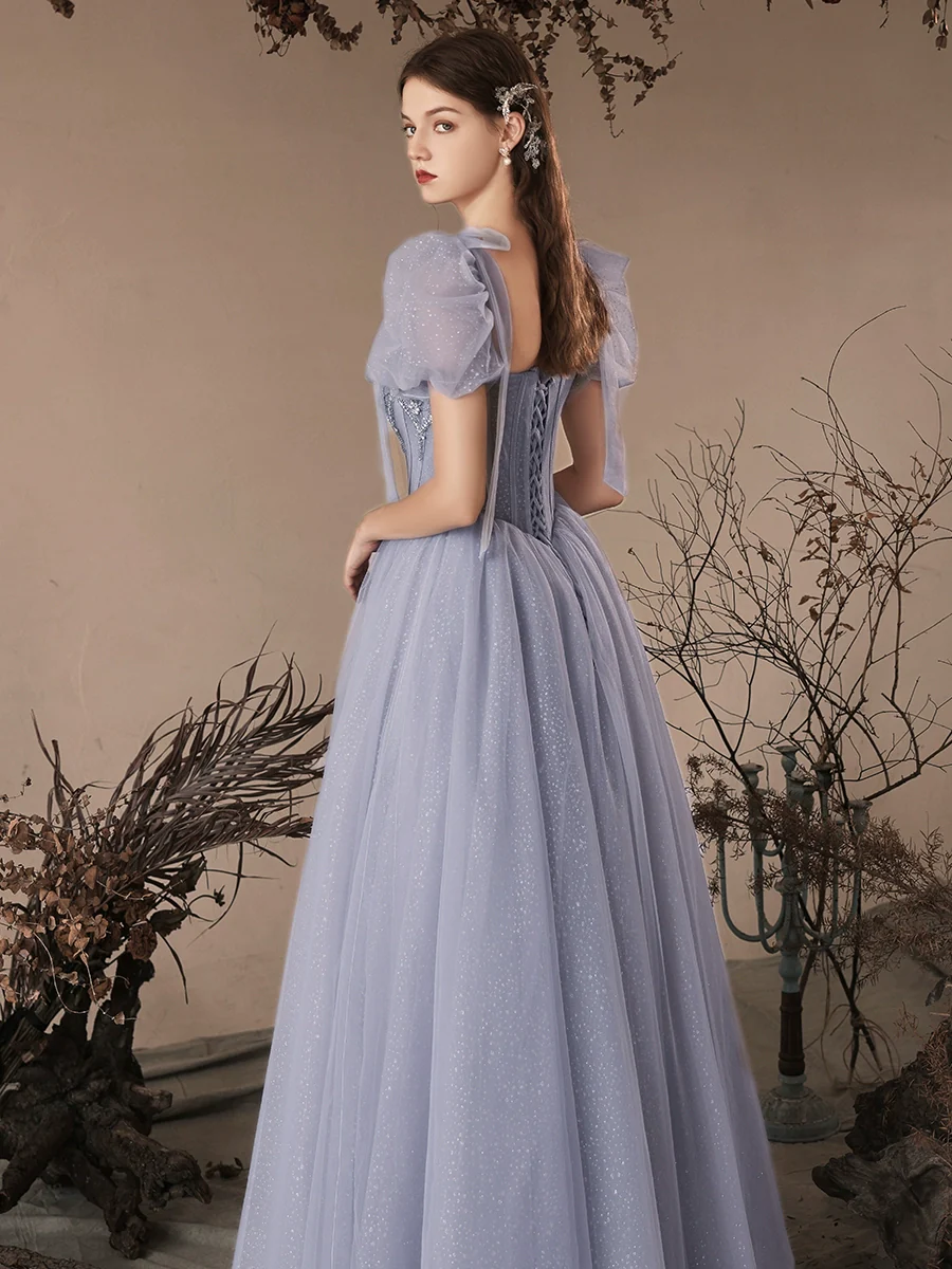 Glitter Blue Sweetheart Tulle Sequins Long Prom Dress,Sexy A-line Evening Dress Y1391