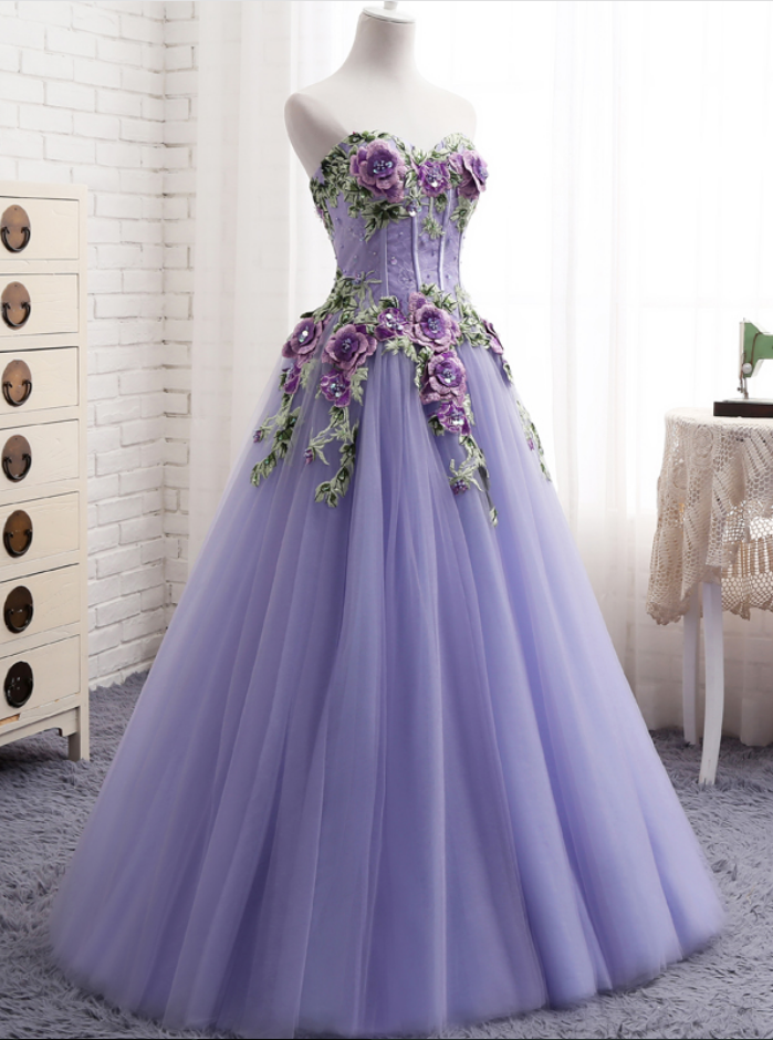 Purple Evening Dress Strapless Sweetheart Lace Flowers