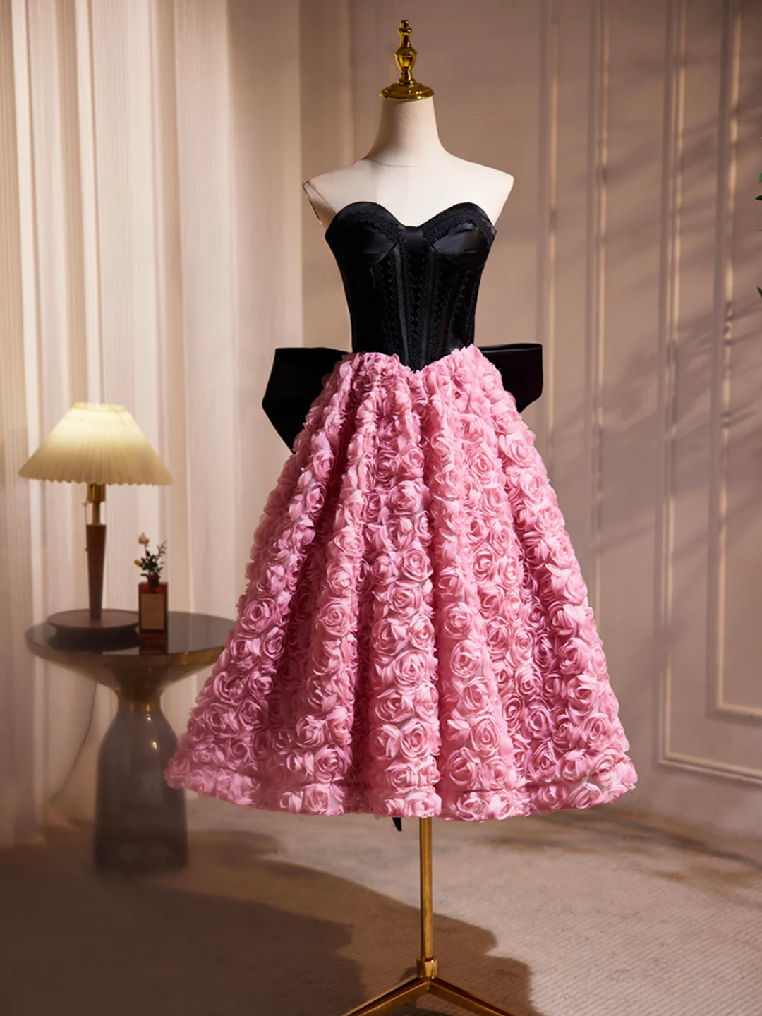 Black Satin And Pink Ruffle Flower Short Prom Dress, Lovely A-line Strapless Bow Party Cocktail Dress