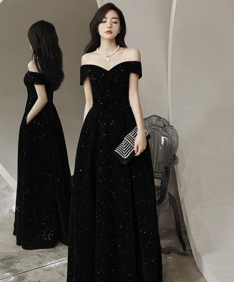 Off-shoulder Black Evening Dress, Starry Sky Velvet Long Prom Dress, Little Black Party Dress