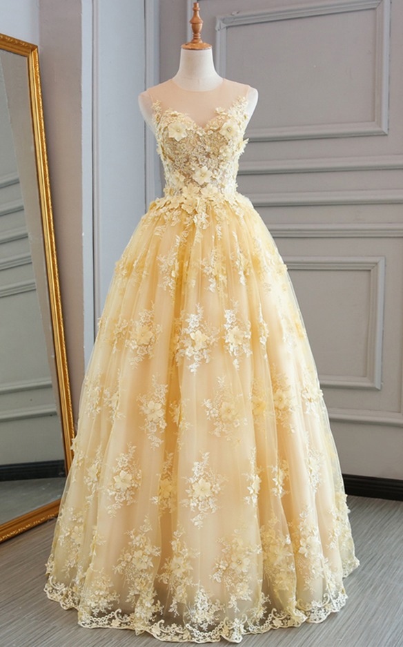 Yellow Lace Customize Long A-line Senior Prom Dress, Long Lace Halter Evening Dress