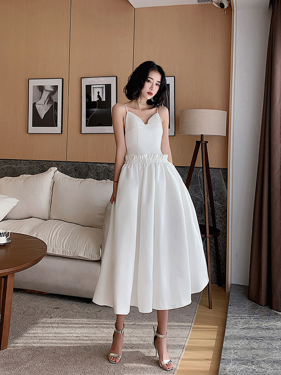 White Satin Elegant Dress Tea Length Prom Dress Formal Evening Dress