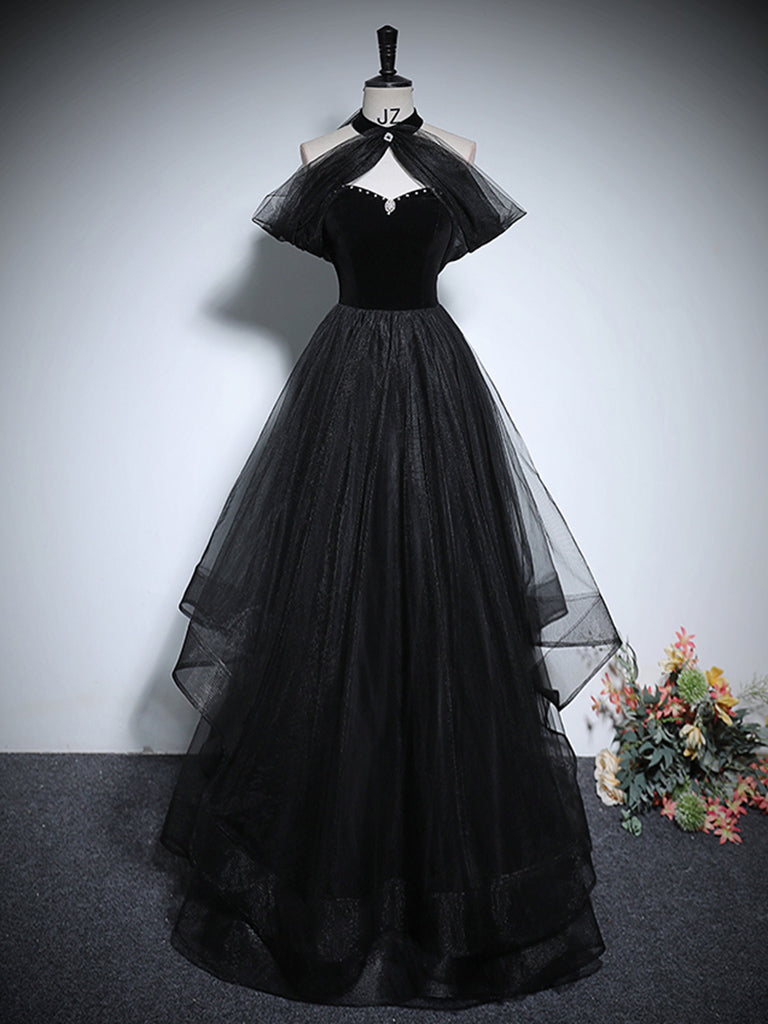 Black Strapless Satin Tulle A-Line Long Formal Prom Dress, DP2818