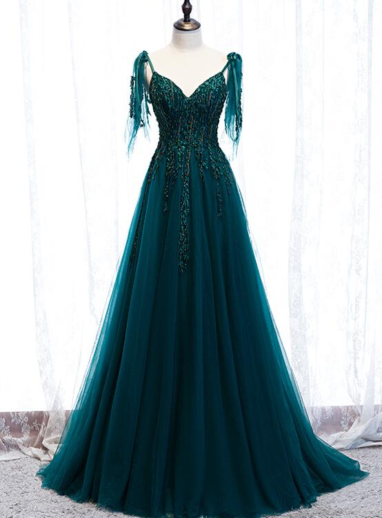 Peacock Blue Pretty Prom Dress, Spaghetti Strap Evening Dress Formal Wedding Guest Dress