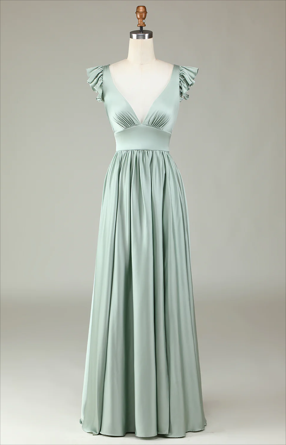 Satin Prom Dresses, Deep Light Green V-neck Matcha Long Bridesmaid Dress With Ruffles