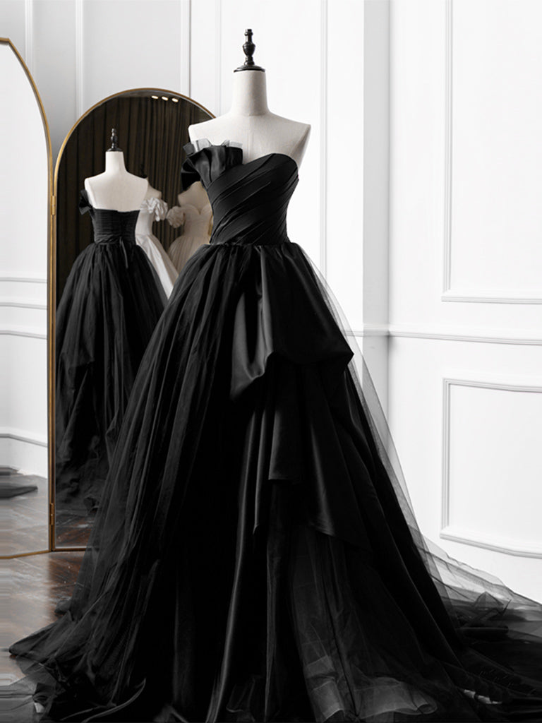 A-line Satin Black Long Prom Dress Formal Dress Strapless Evening Dress