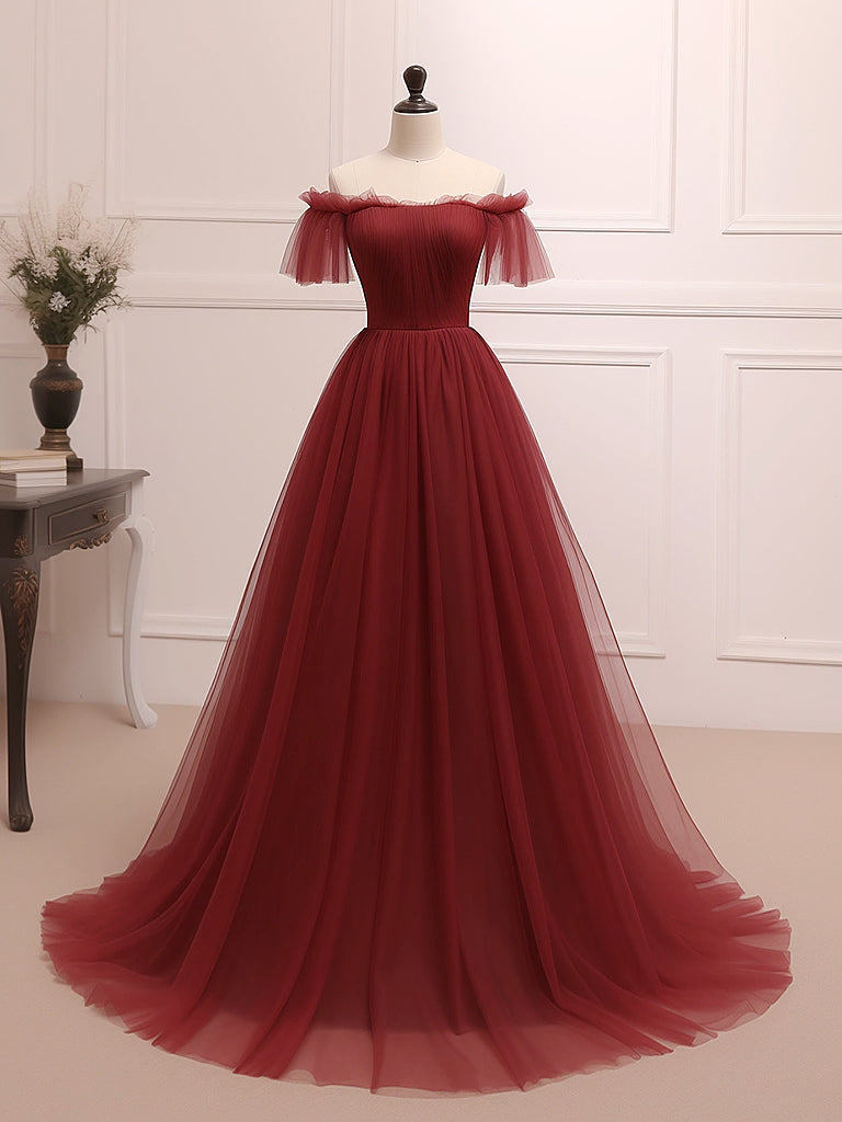 Off Shoulder Tulle Long Prom Dress Burgundy Long Formal Evening Dress