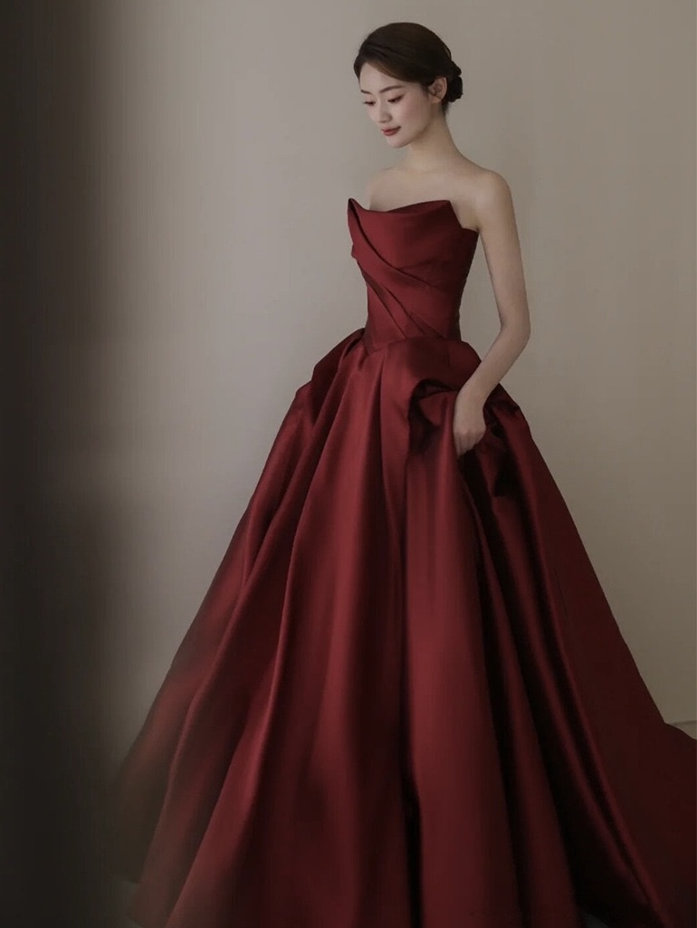 Strapless Satin Red Long Prom Dress Formal Long Ball Gown Evening Dress