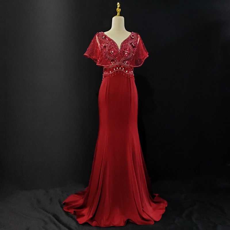 V-neck Prom Dress Unique Mermaid Dress Luxury Evening Dress With Handmade Bead