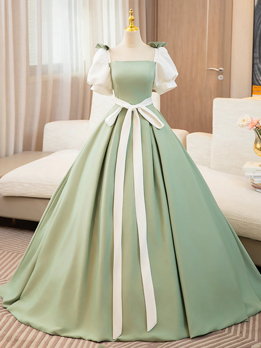 White And Green Satin Long Prom Dress, A-line Short Sleeve Evening Party Dress