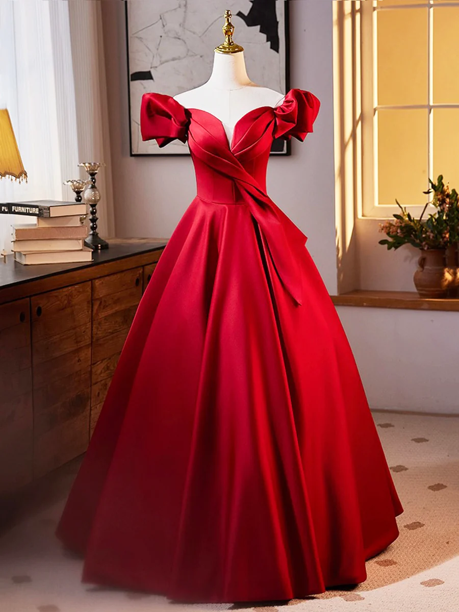 Burgundy Satin Long Prom Dress, Off The Shoulder A-line Formal Evening Dress