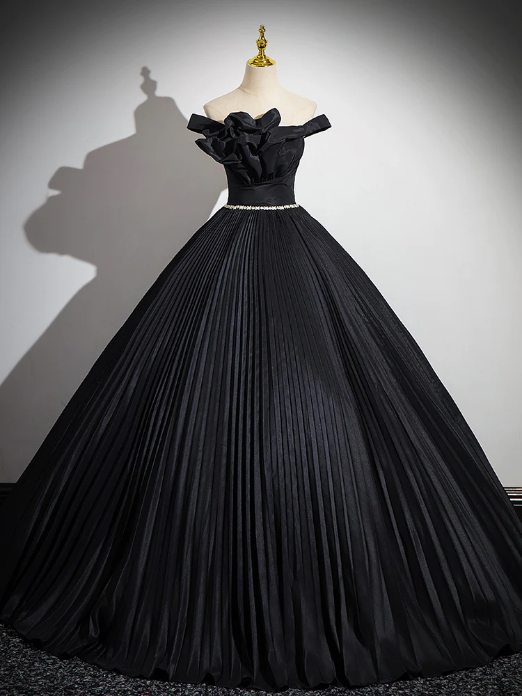Chic Off Shoulder A-line Black Long Prom Dress, Black Long Evening Dress,sweet 16 Quinceanera Dress