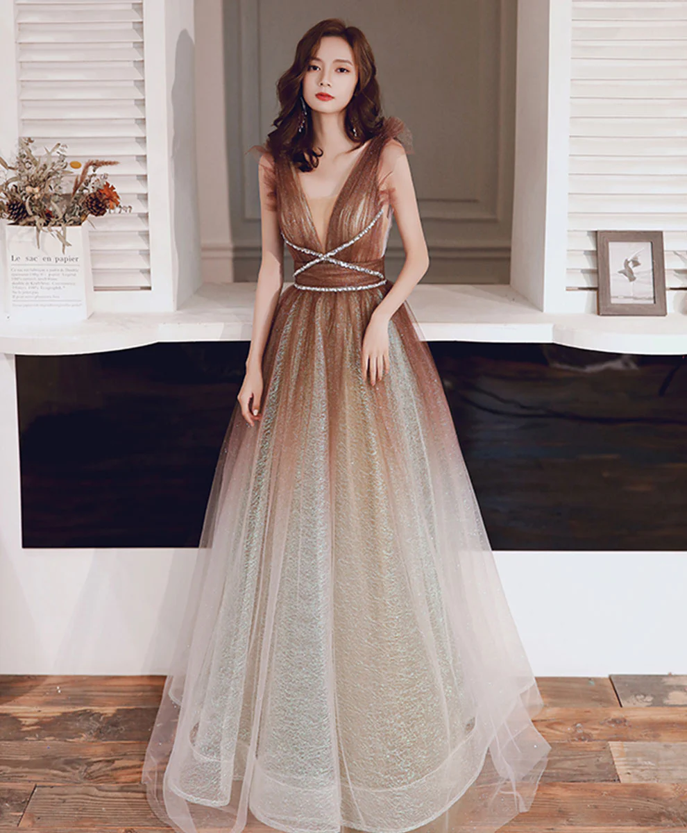 A-line Tulle V Neck Sequin Long Prom Dress Tulle Brown Gradient Formal Dress