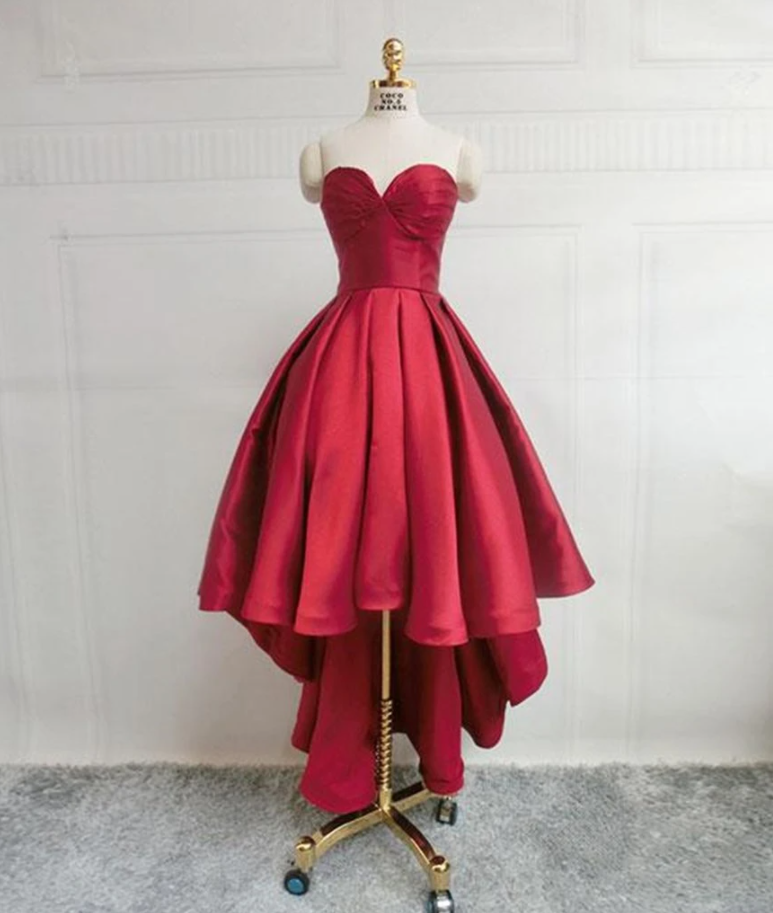 A-line Sweetheart Neck Satin Burgundy Short Prom Dress, Burgundy High Low Party Dress