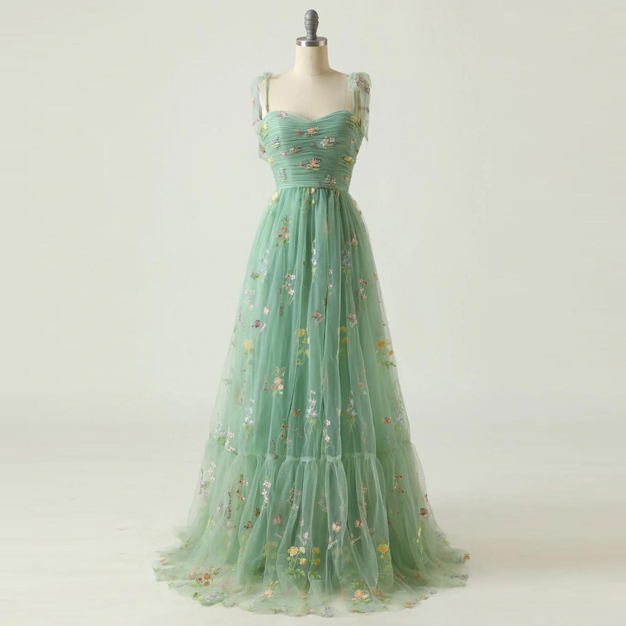Spaghetti Strap Light Green Embroidered Prom Dress Chic Party Dress