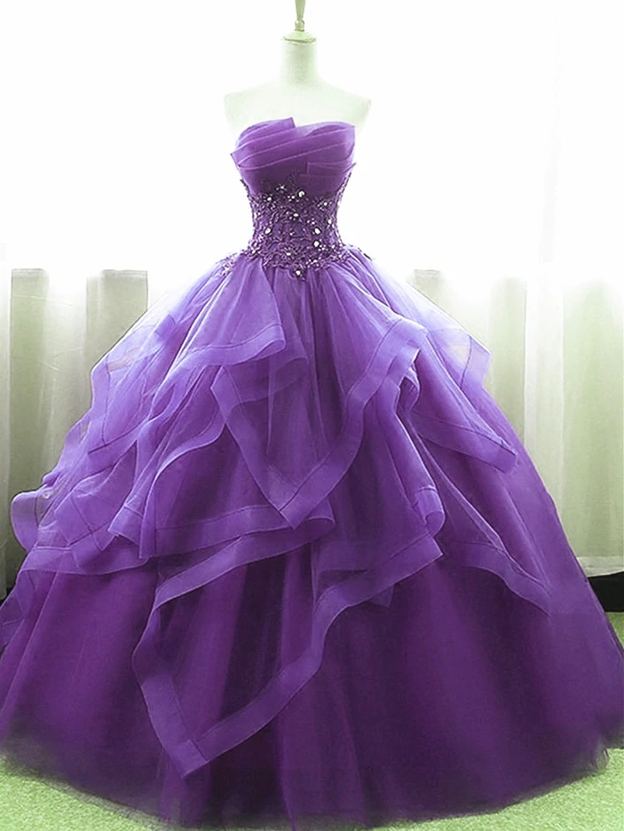 Strapless Tulle Purple Long Prom Dress, Lovely Ball Gown Formal Evening Dress