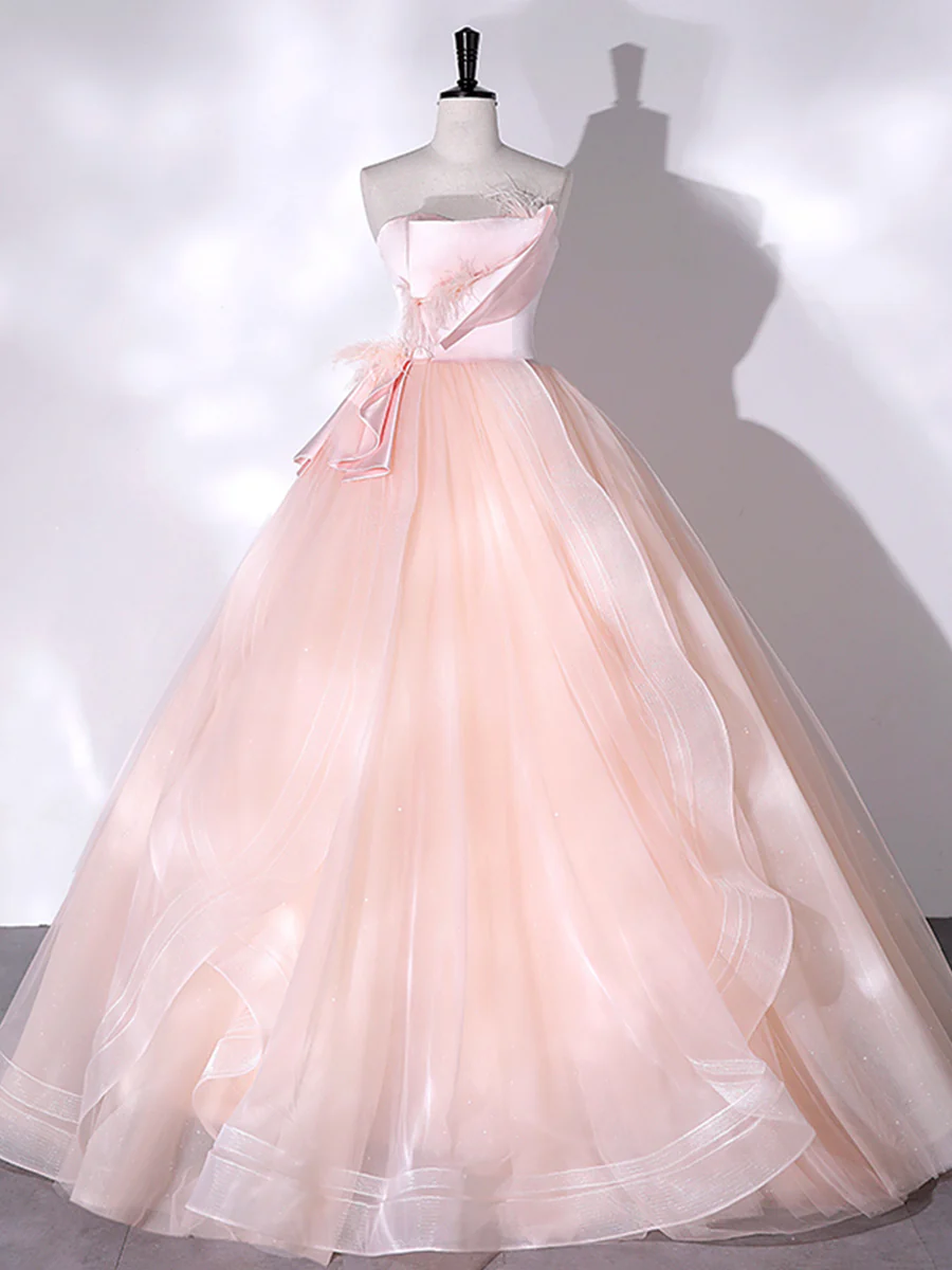 Pink Strapless Tulle Long Formal Dress, Lovely Ball Gown Formal Evening Dress With Feathers