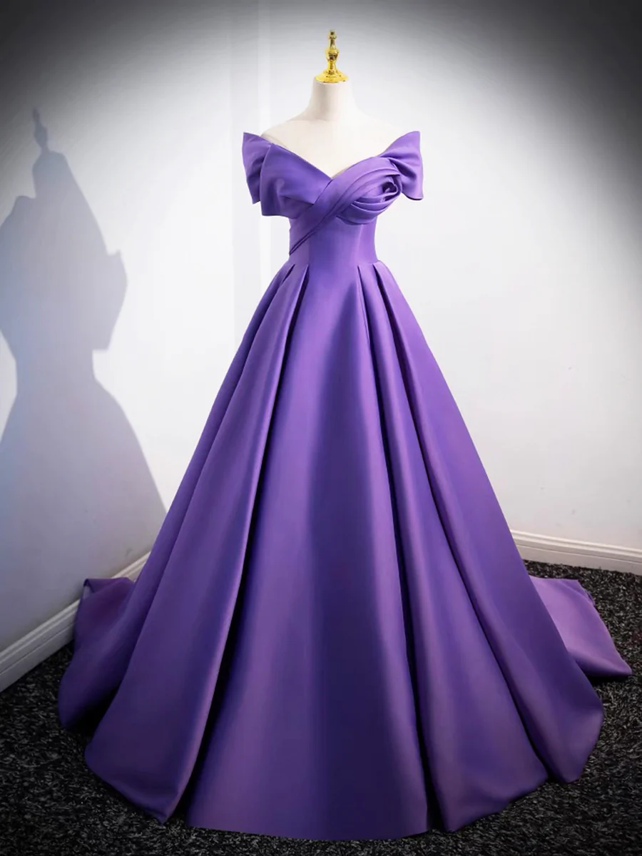 Purple Satin Long A-line Prom Dress, Lovely Off Shoulder Formal Evening Dress