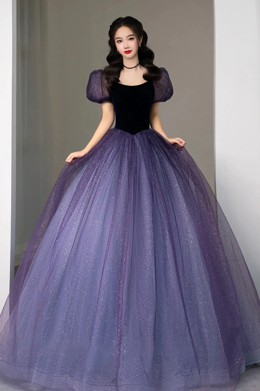 Purple Tulle Short Sleeve Formal Dress, Cute A-line Evening Dress
