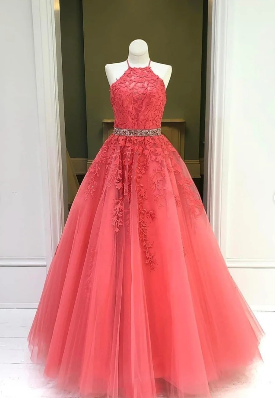 Pink Tulle Long A-line Prom Dress, Off The Shoulder Evening Dress