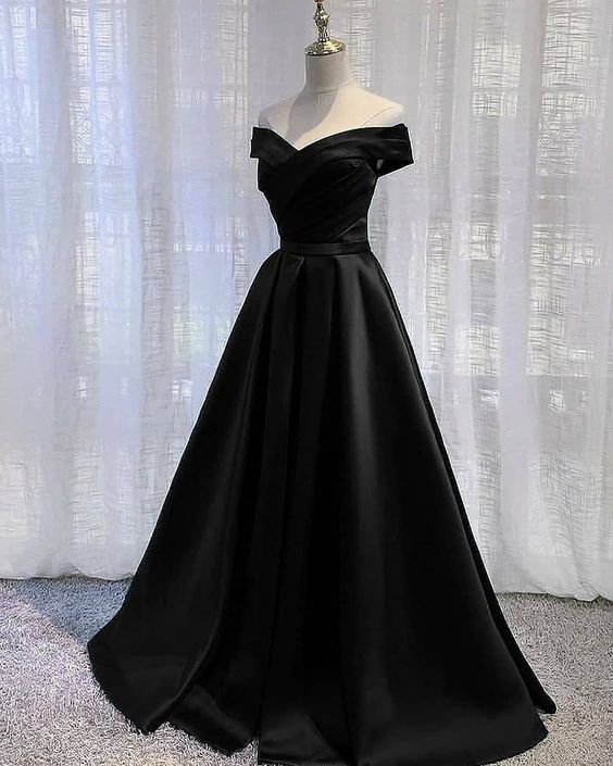 Black Satin Formal Dress Long A-line Prom Dress, Off The Shoulder Evening Dress