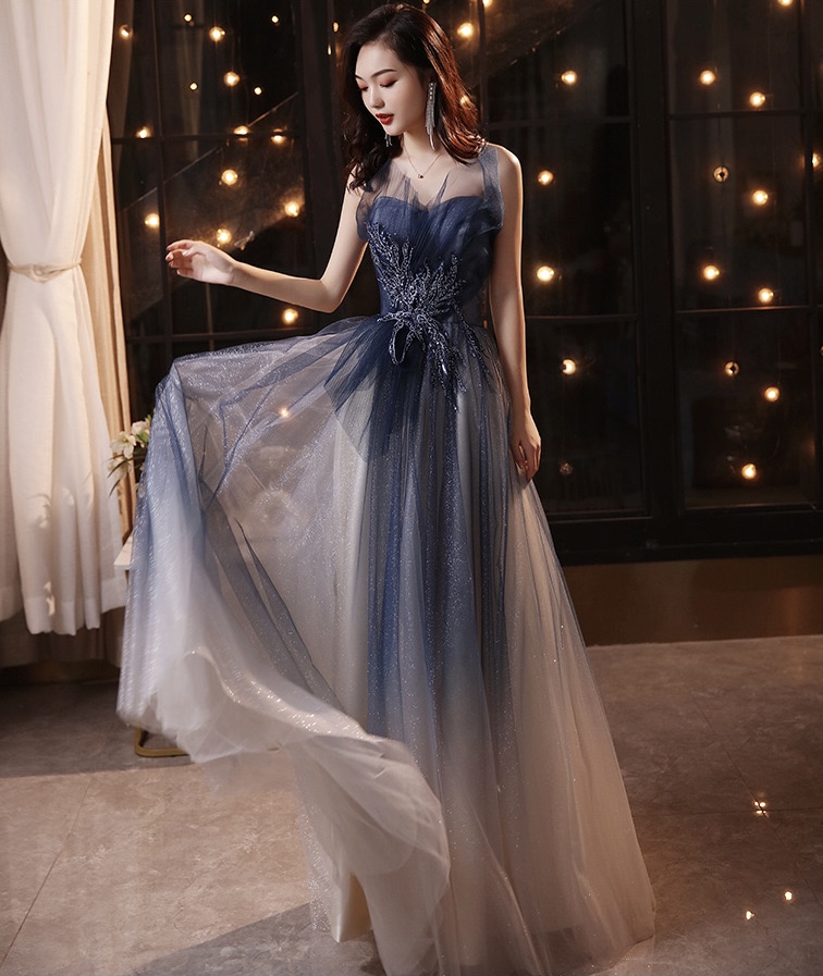 Blue Tulle Long A-line Prom Dress, Straplesss Gradient Evening Dress