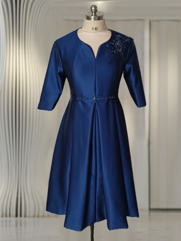 Royal Blue Satin Midi A-line Prom Dress,formal V-neck Party Dress Wedding Guest Dress