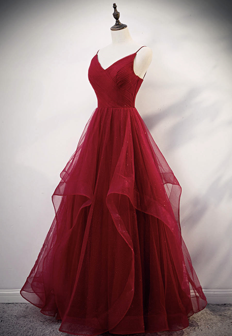 Straps Tulle Formal Prom Dress, Beautiful Long Prom Dress, Burgundy Party Dress