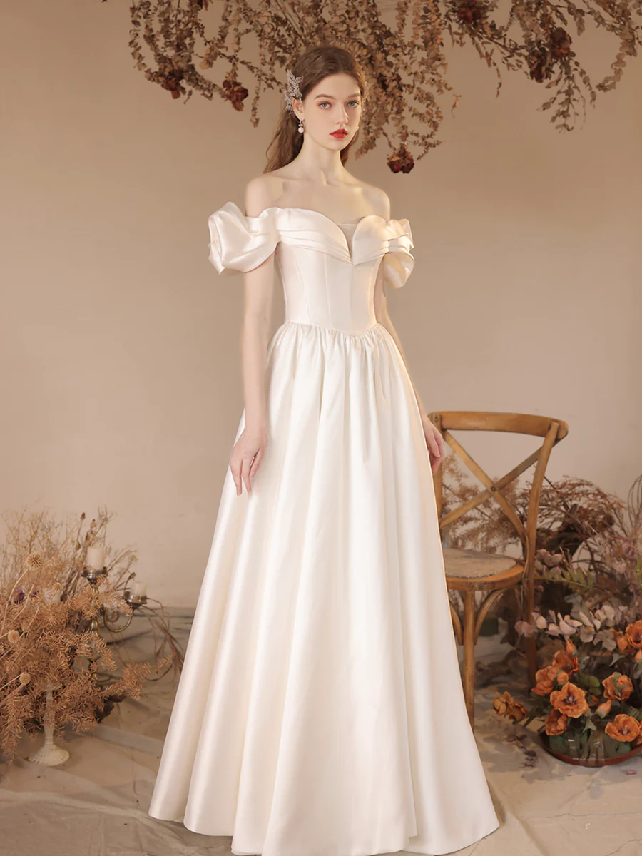 White Satin Floor Length Formal Dress, A-line Off Shoulder Evening Dress Prom Dress