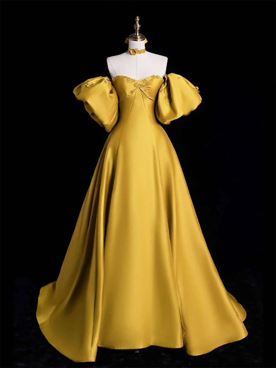 Yellow Satin Long Prom Dress, Off The Shoulder A-line Evening Party Dress