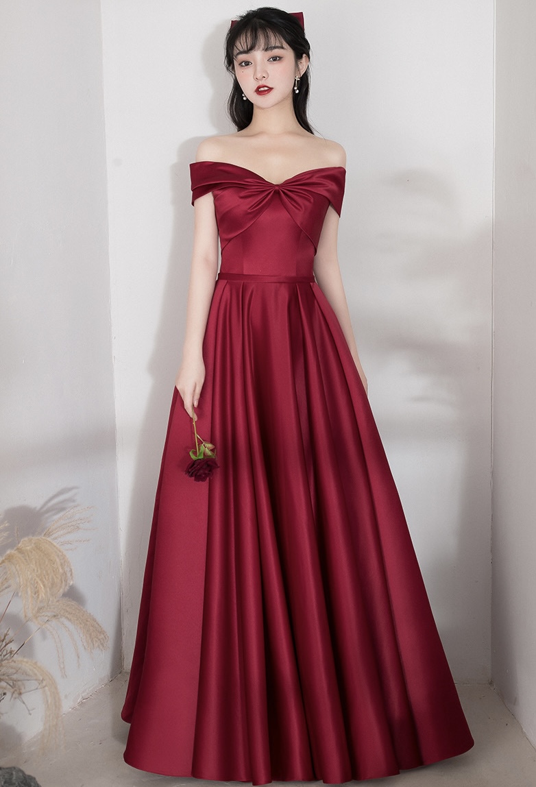 Red Party Dress, Off Shoulder Prom Dress, Elegant Satin Evening Dress