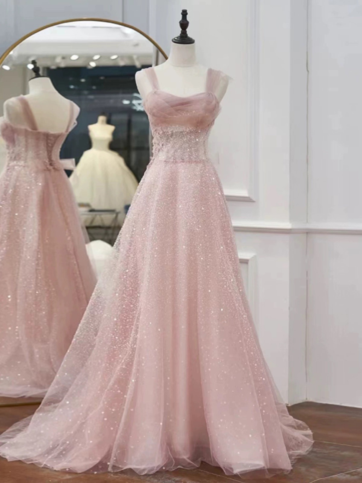 Fairy A-line Sequin Long Prom Dress, Luxury Pink Long Evening Dress