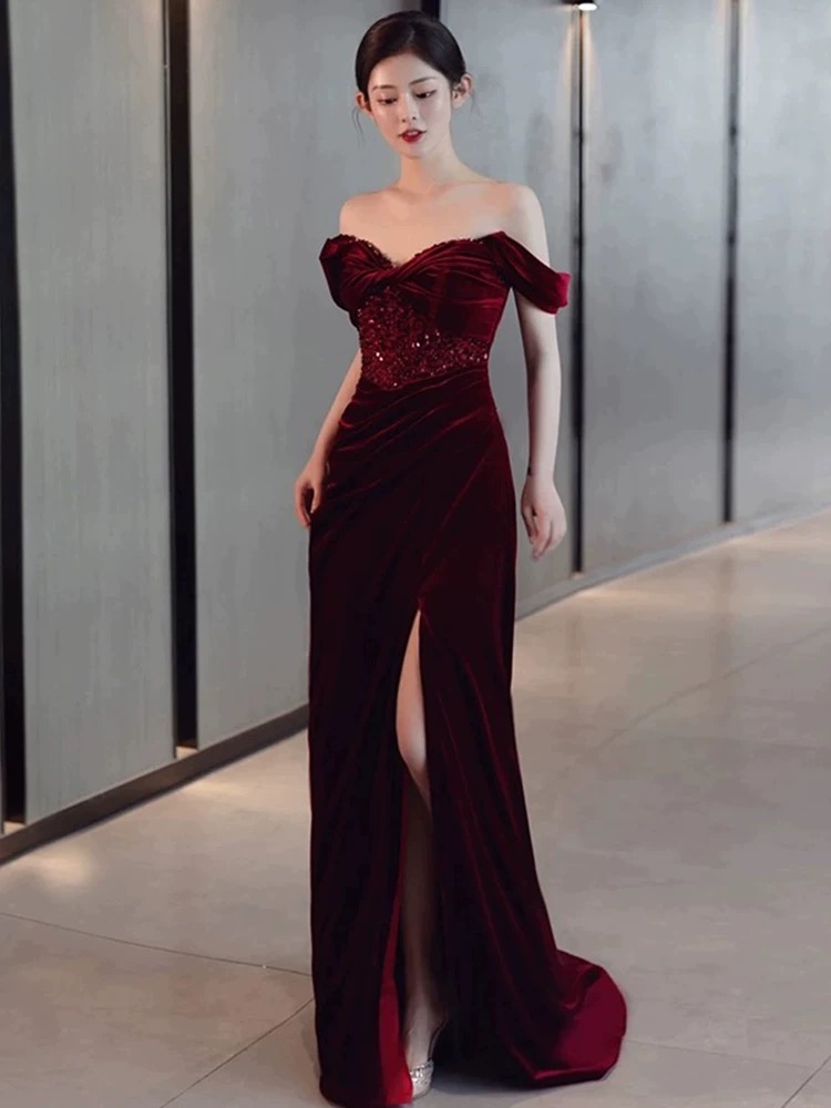 Mermaid Off the Shoulder Velvet Prom Dresses LBQ3482